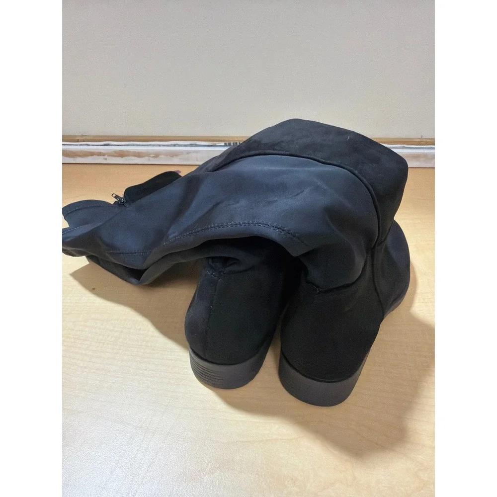 Black Over The Knee Faux Suede Stretch Back Tall Boots Size 6.5 Low Block Heel